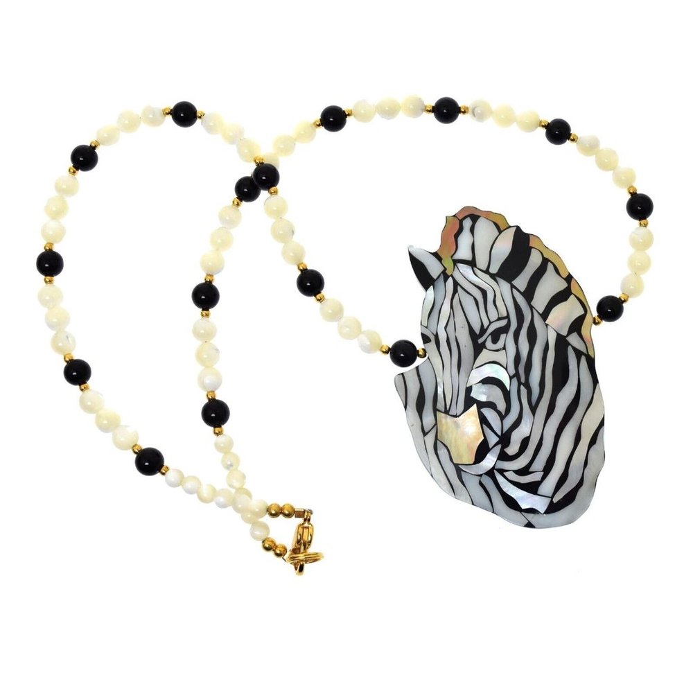 Vintage Lee Sands Necklace Zebra Mother Of Pearl Onyx Bead
